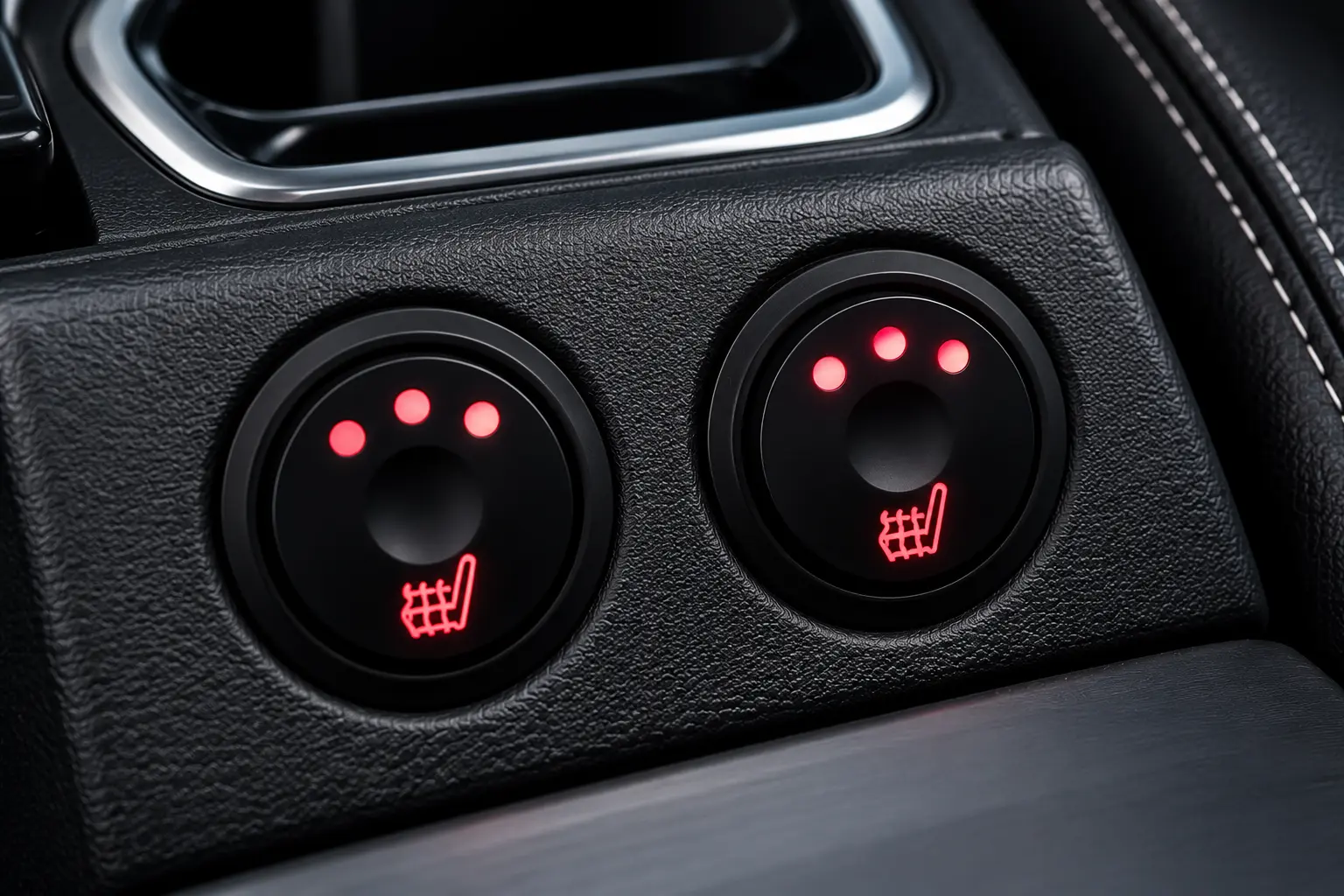 Round heated car seat control switches with illuminated red indicators