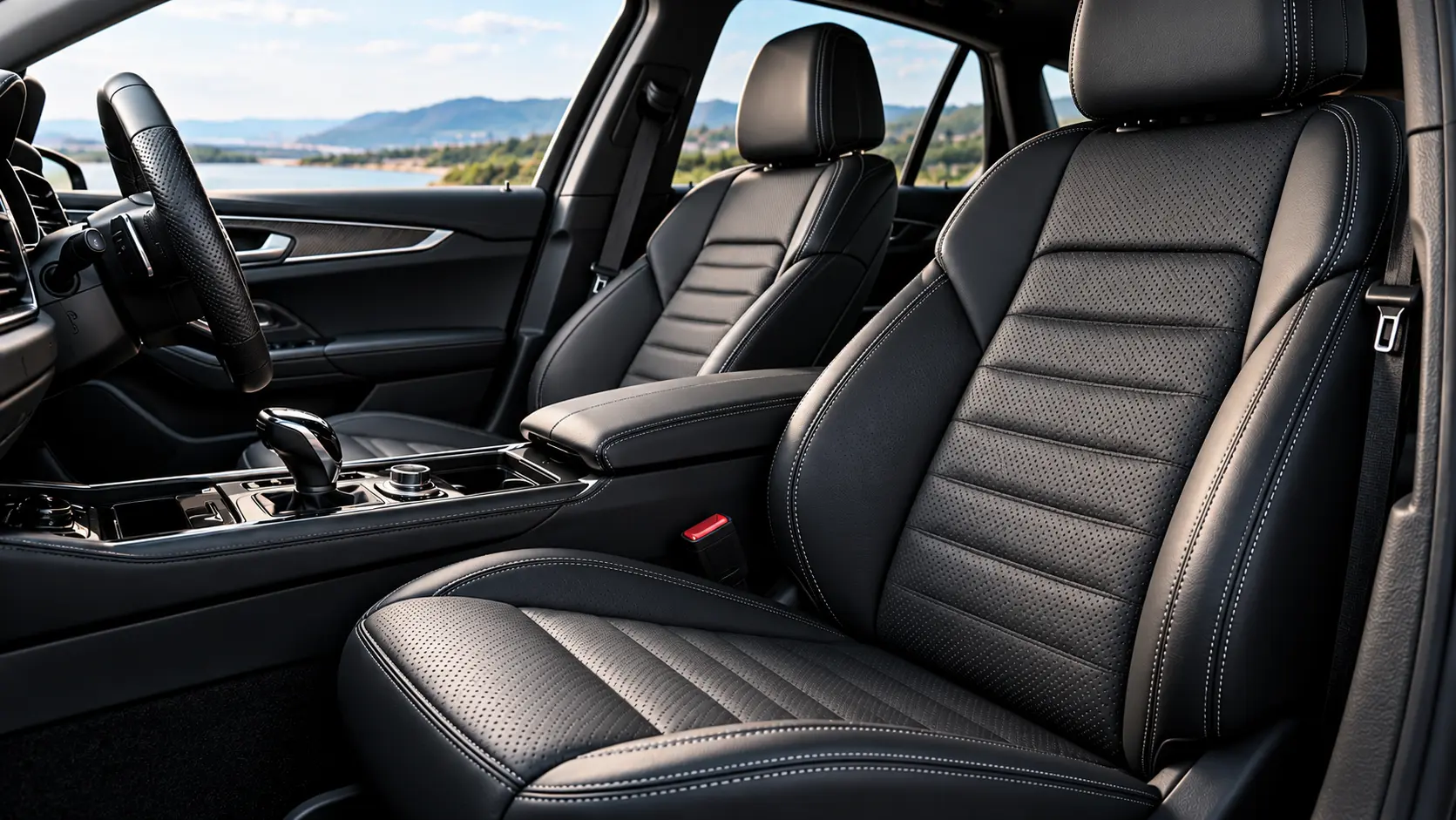 Modern car interior with black leather seats and factory-style upholstery finish