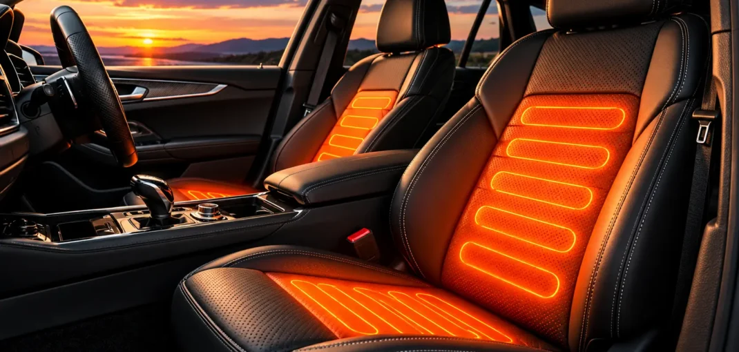 Car interior illustrating heated front seats with orange heating zones – Radio Masters Ireland