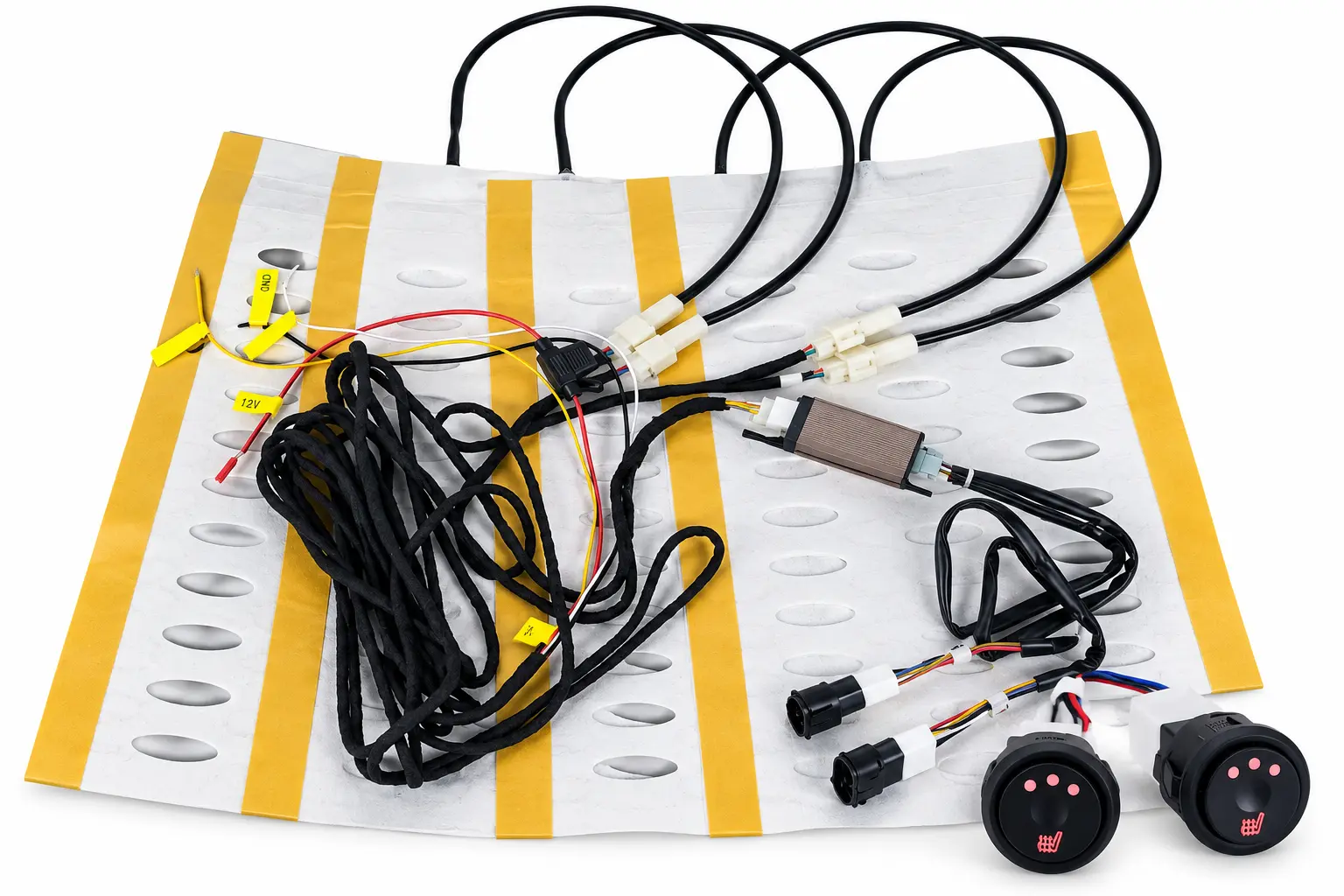 Aftermarket heated car seats retrofit kit with heating pads, wiring and round control switches