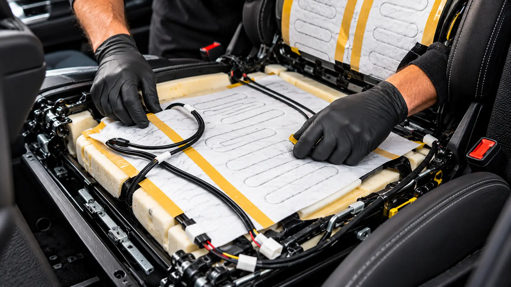 Professional installation of heated seat elements beneath automotive upholstery